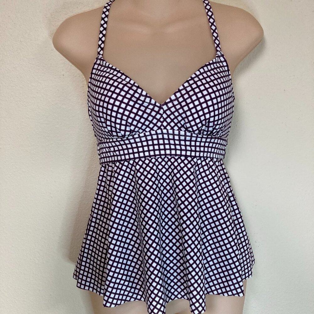 Kona Sol Swim Bathing Suit Top Size XS 0-2 Burgandy & White Check
